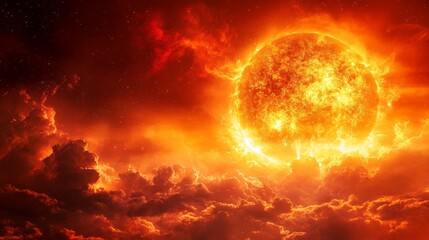 Vibrant sky with fiery clouds and a giant sun on the horizon