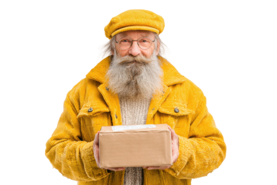 Happy elderly man delivering package studio portrait cheerful. Isolated on transparent background, png.