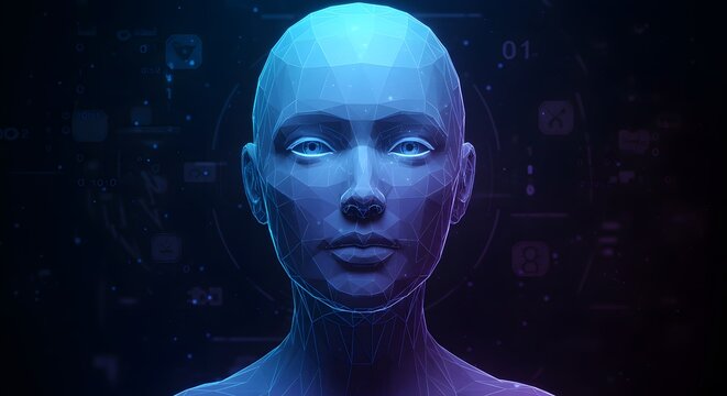 Futuristic AI Portrait Abstract 3D Rendering of Artificial Intelligence Exploring Digital Identity and Technological Consciousness in Artificial Being - Powered by Adobe