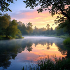 Fototapeta premium Natural Pond Among Greenery. Morning Pond with Reflections. Calm Forest Pond