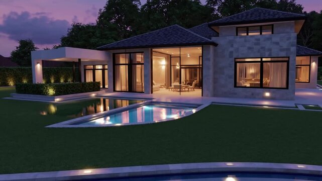 3D Rendering of Luxurious Mansion with Pool at Dusk