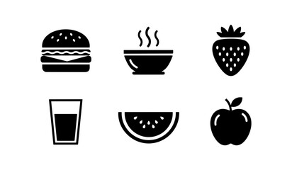 Collection of six simple black food icons on a white background