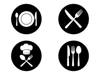 Set of four black and white restaurant and dining icons