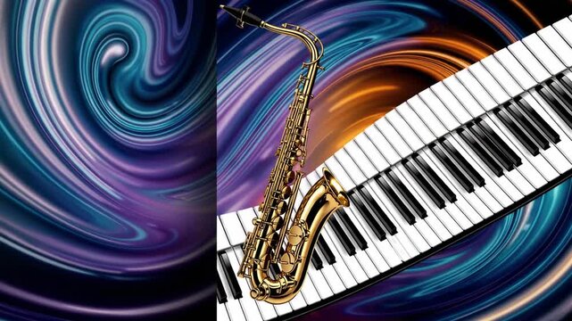 Promotional artwork layout featuring wind instrument and musical keyboard as central design components