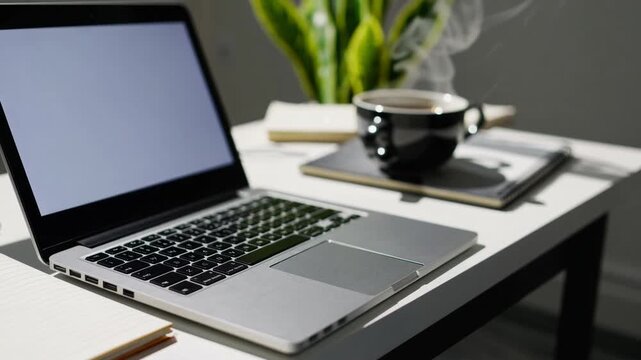 Workspace setup featuring laptop, coffee cup, notebook, and houseplant
