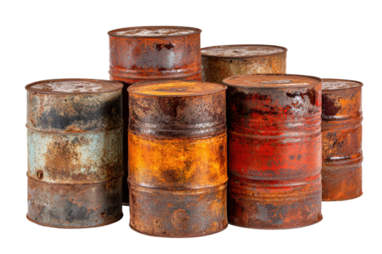 Rusty industrial drums warehouse product photography urban close-up. Isolated on transparent background, png.
