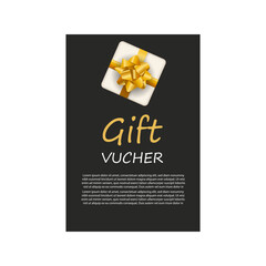 Gift voucher template with Gold realistic ribbon. Vector illustration. Design for invitation, certificate, gift coupon, ticket or voucher