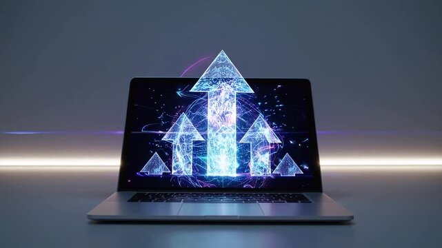 Double Exposure of Abstract Upward Arrows on Laptop