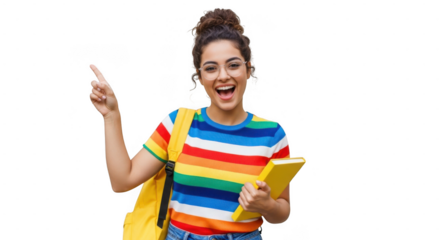 An excited young student with glasses and a colorful shirt points upwards while holding a book and backpack isolated on transparent background
