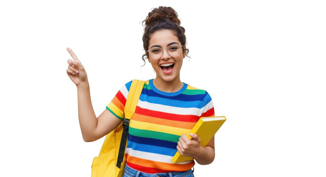 An excited young student with glasses and a colorful shirt points upwards while holding a book and backpack isolated on transparent background