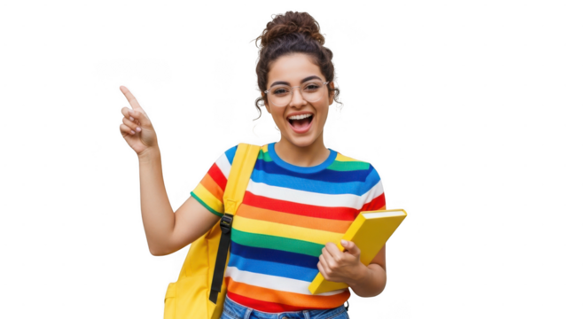 An excited young student with glasses and a colorful shirt points upwards while holding a book and backpack isolated on transparent background