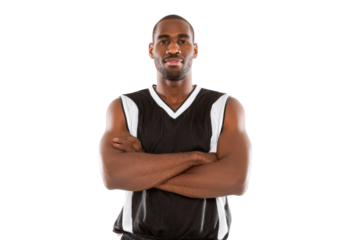 Front view portrait of basketball player in professional studio. Isolated on transparent background, png.
