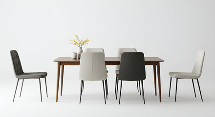 Obraz premium A complete dining table set with chair appears elegant against a white background, ideal for interior and furniture themes.