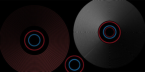 Abstract grey and red circle line vector on dark background. Modern simple overlap circle lines texture creative design. Suit for poster, cover, banner, flyer, brochure, presentation, website
