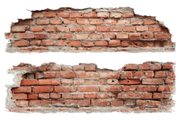 Damaged brick wall texture urban setting photography detail aesthetic. Isolated on transparent background, png.