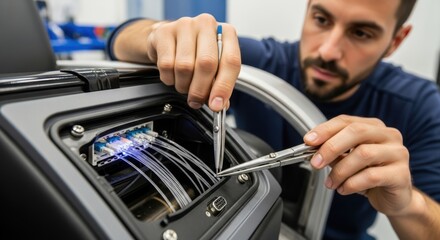 Young caucasian male technician inspecting fiber optic connections in control panel