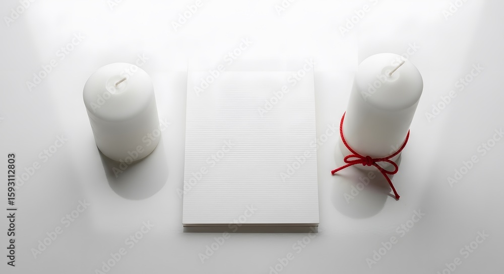 Poster two white candles flanking a central object with a red ribbon, minimalist composition on a white sur