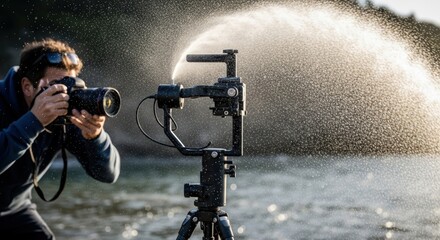 Caucasian male photographer using camera and tripod near ocean spray