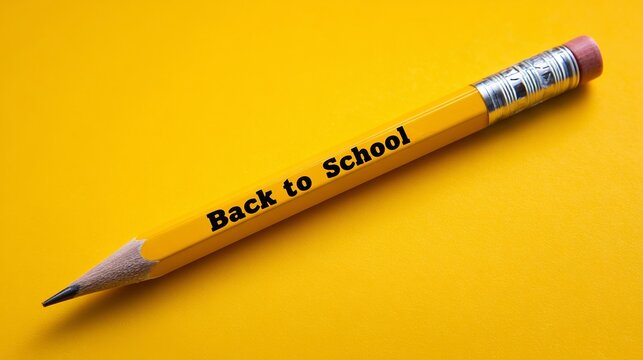 Vivid yellow pencil with "Back to School" inscription, symbolising education and the start of academic year with vibrant optimism.
