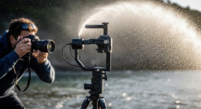 Caucasian male photographer using camera and tripod near ocean spray - Powered by Adobe