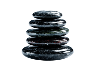 Balancing serenity stacked black stones spa setting calm vibe. Isolated on transparent background, png.