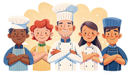 set of professional chefs standing confidently with arms crossed and smiling. Culinary theme, kitchen staff characters, food industry illustration , isolated on white background. Perfect for menus