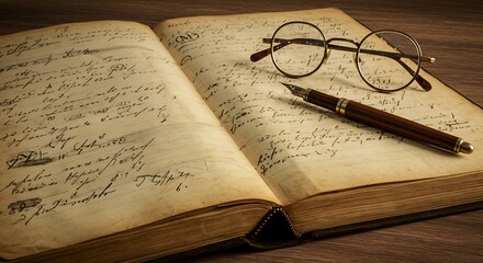 Detailed close-up of old ledger book with ink pen and spectacles