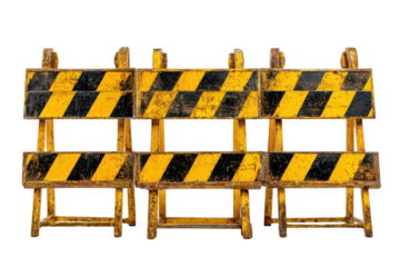 Construction barriers on roadway urban setting photography daylight. Isolated on transparent background, png.