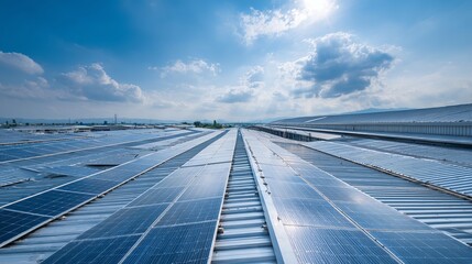 Vast solar panel array beneath a bright blue sky offering a sustainable renewable energy source for the future