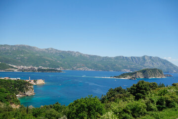 Naklejka premium panoramic view of Sveti Nikola island in Budva riviera, coast of Montenegro