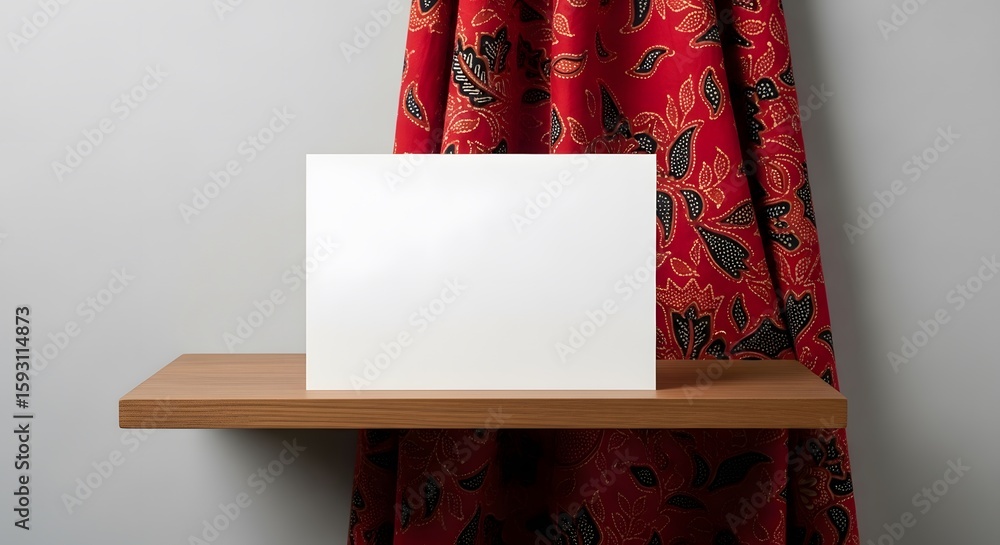 Poster blank card on a wooden shelf against a vibrant red fabric backdrop. simple setup emphasizes the card