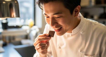 Young asian male chef delighting in crafting gourmet chocolate in kitchen