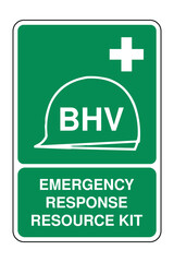 Collection of Emergency Response Resources Symbol on Green Safety Sign with Explanation – BHV Safety Icon with Hard Hat and Medical Cross – High Quality Vectorial Stock Image