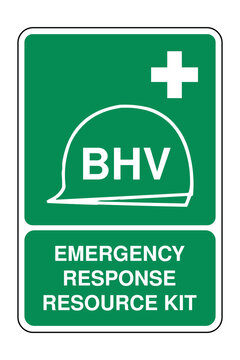 Collection of Emergency Response Resources Symbol on Green Safety Sign with Explanation &ndash; BHV Safety Icon with Hard Hat and Medical Cross &ndash; High Quality Vectorial Stock Image