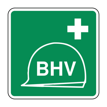 Collection of Emergency Response Resources Symbol on Green Safety Sign &ndash; BHV Safety Icon with Hard Hat and Medical Cross &ndash; High Quality Vectorial Stock Image