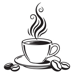 Elegant Coffee Cup Illustration with Swirling Steam and Coffee Beans a Classic and Cozy Beverage Still Life Design