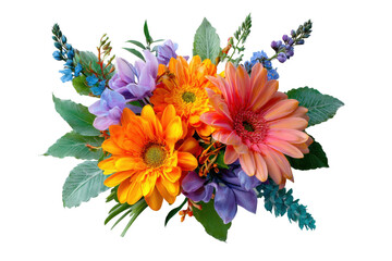 Vibrant flower bouquet arrangement studio photography bright colors. Isolated on transparent background, png.