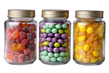 Colorful candy jars display kitchen food photography home close-up. Isolated on transparent background, png.