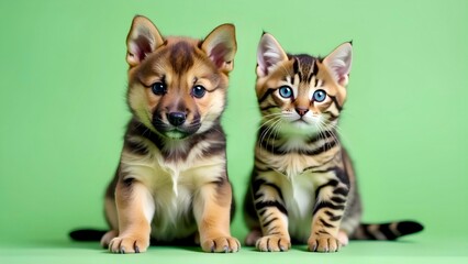 Playful little puppy and calico kitten together on green background