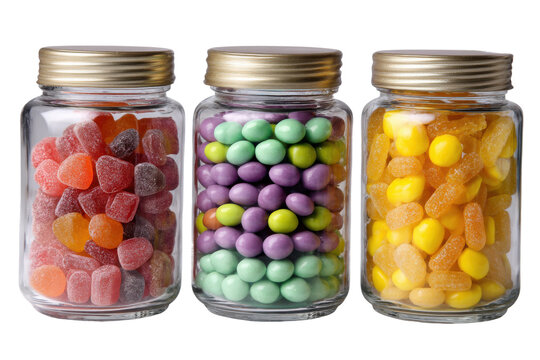 Colorful candy jars display kitchen food photography home close-up. Isolated on transparent background, png.