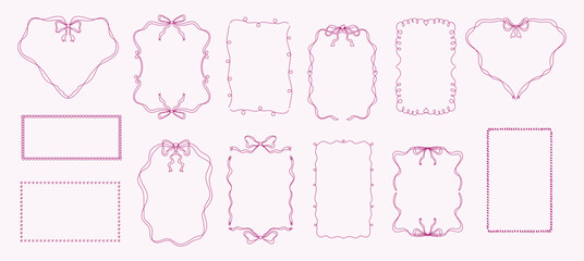 Set of stylish vector borders with decorative bows and flowing lines in magenta color. These elegant frames offer a feminine touch for greeting cards, 