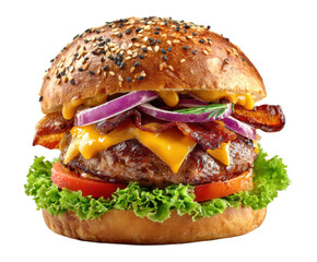 Sizzling juicy burger with bacon indoor food photography. Isolated on transparent background, png.