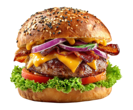 Sizzling juicy burger with bacon indoor food photography. Isolated on transparent background, png. - Powered by Adobe