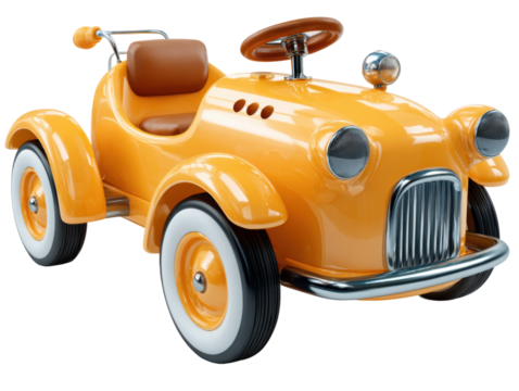 Children's vintage toy car playroom photography indoor close-up. Isolated on transparent background, png.