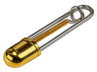 Unique golden safety pin metalwork art studio close-up creativity. Isolated on transparent background, png.