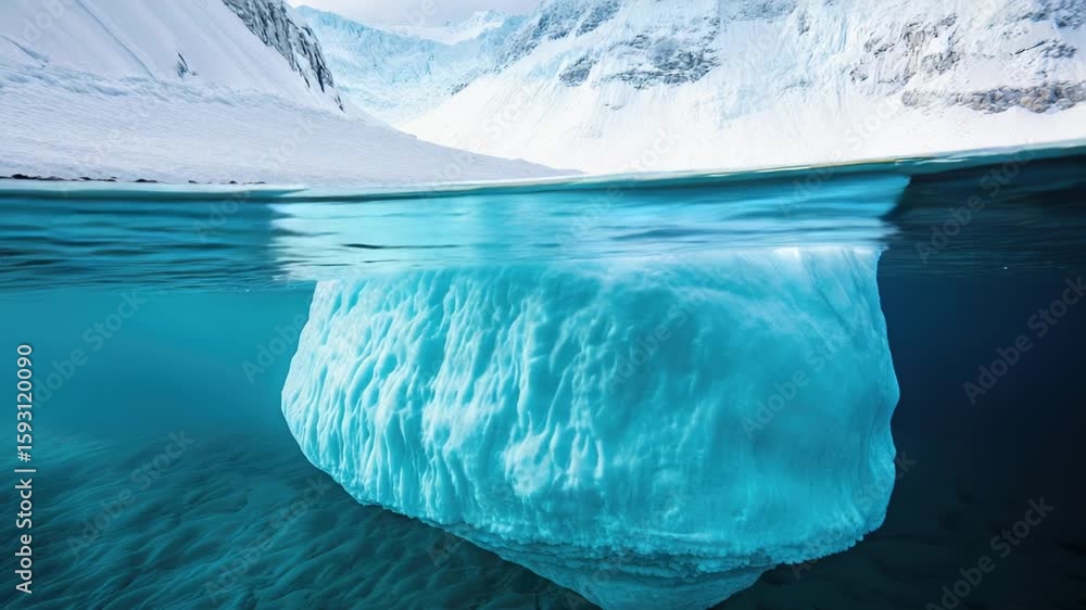 Poster an iceberg floats in the ocean with a mountain in the background, suitable for use as a background o