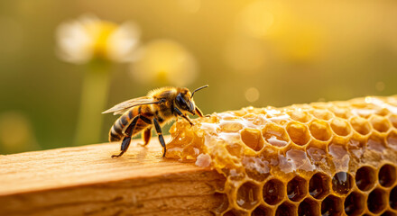 A hardworking bee sitting on a wooden frame made of honeycombs filled with fresh amber honey, against the background of a meadow with wildflowers