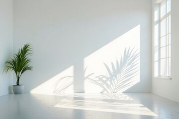 Clean White Space with Leaf Shadow on Wall | Stylish Potted Plant in Serene White Space




