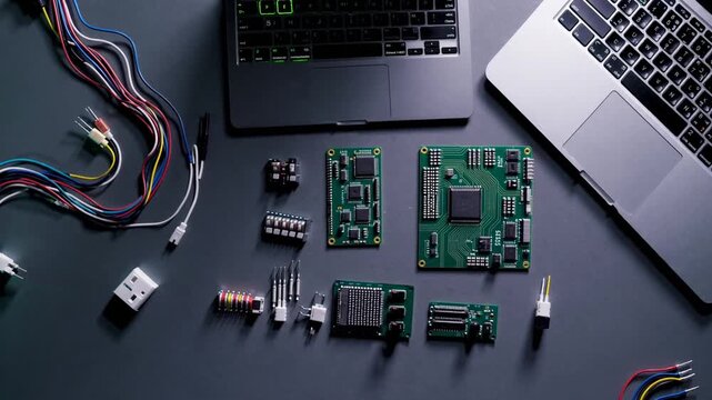 Electronics components arranged in flat lay style, illustrating microprocessor programming concepts