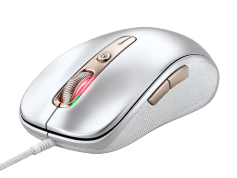 Gaming mouse showcase tech event product display indoor close-up. Isolated on transparent background, png.